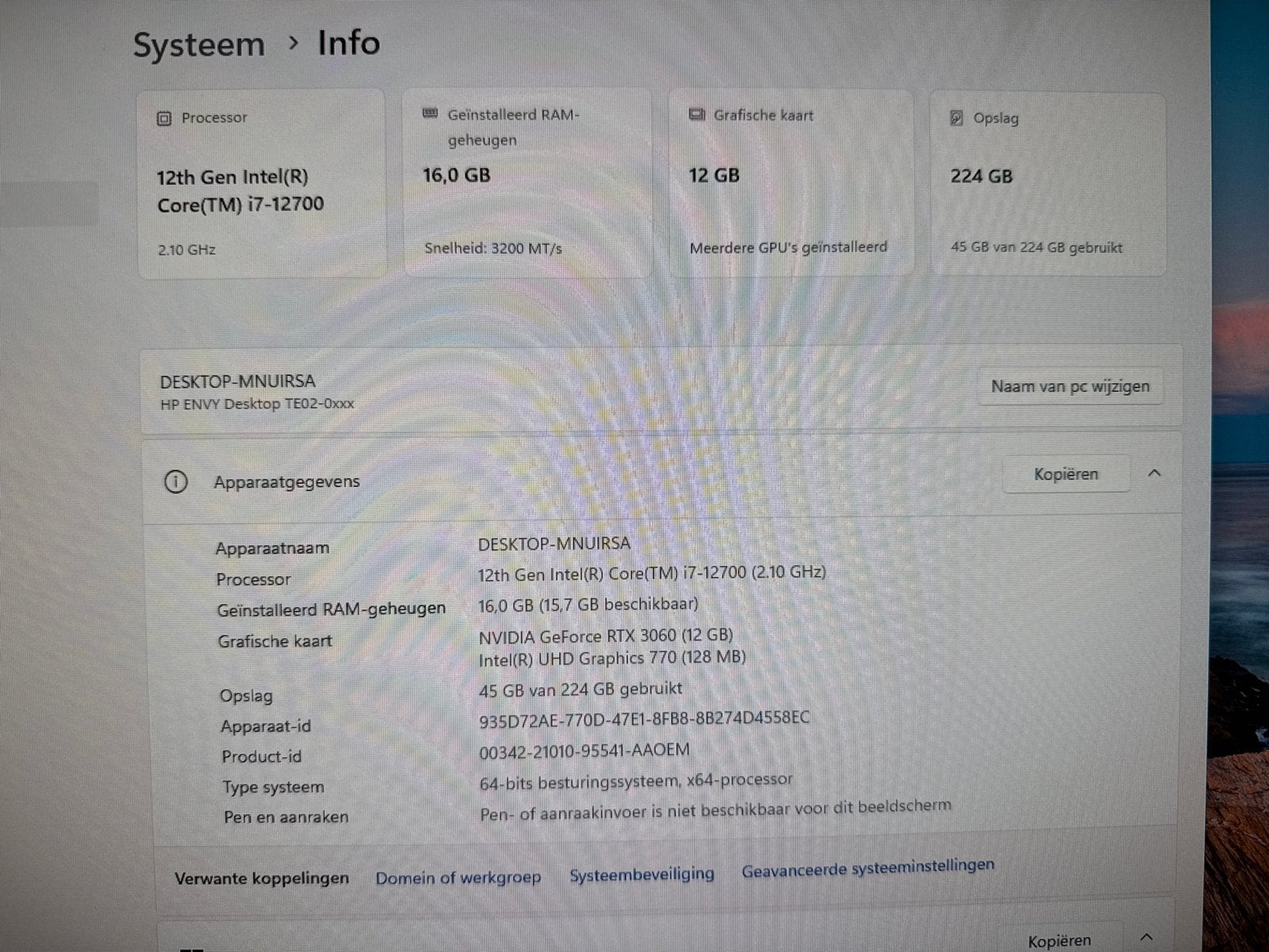 HP ENVY TE02 Desktop i7-12700, RTX 3060,16GB, RAM 256GB SSD, Computers en Software, Gebruikt, 2 tot 3 Ghz, Ophalen of Verzenden
