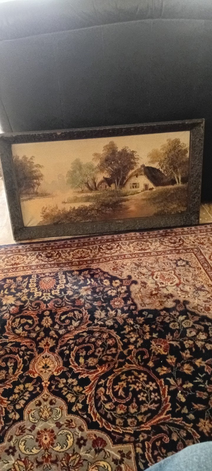 Oud schilderij met landschap en boerderij, Ophalen