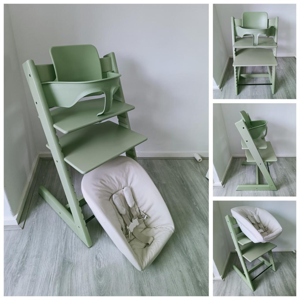 Stokke Tripp Trapp moss green met babyset en newbornset, Kinderen en Baby's, Kinderstoelen, Ophalen of Verzenden, Zo goed als nieuw