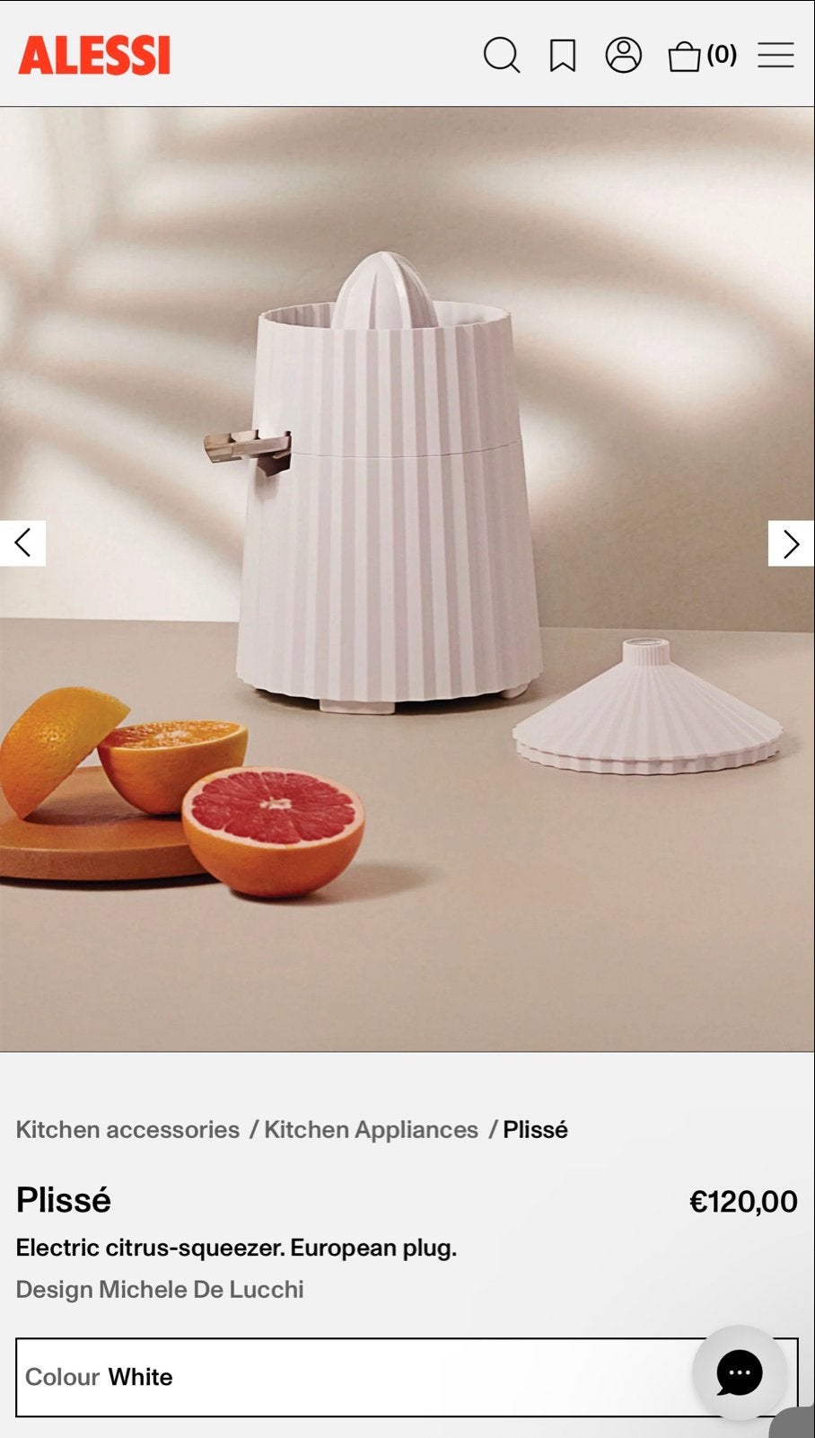 Alessi Plissé elektrische citruspers - Wit, Ophalen, Zo goed als nieuw