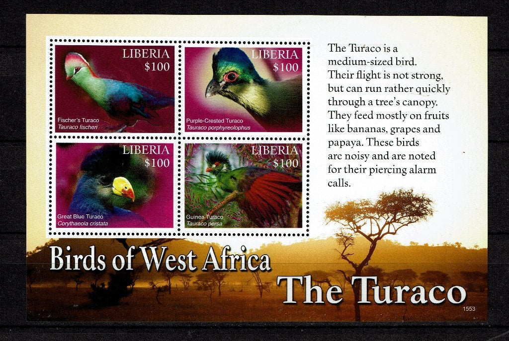 LIBERIA 2015 PB LOK TOURAKO TOERAKO VOGELS BIRDS, Ophalen of Verzenden, Postfris, Dier of Natuur