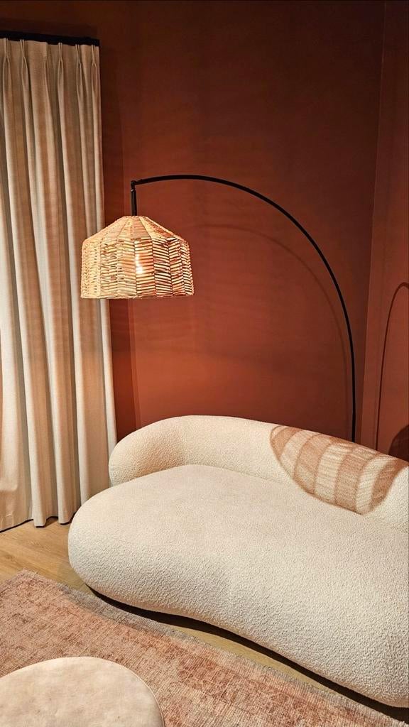 Booglamp met rotan kap - Zwart/Naturel, Ophalen, Bohemian, Modern, Scandinavisch, Zo goed als nieuw, 75 cm of meer