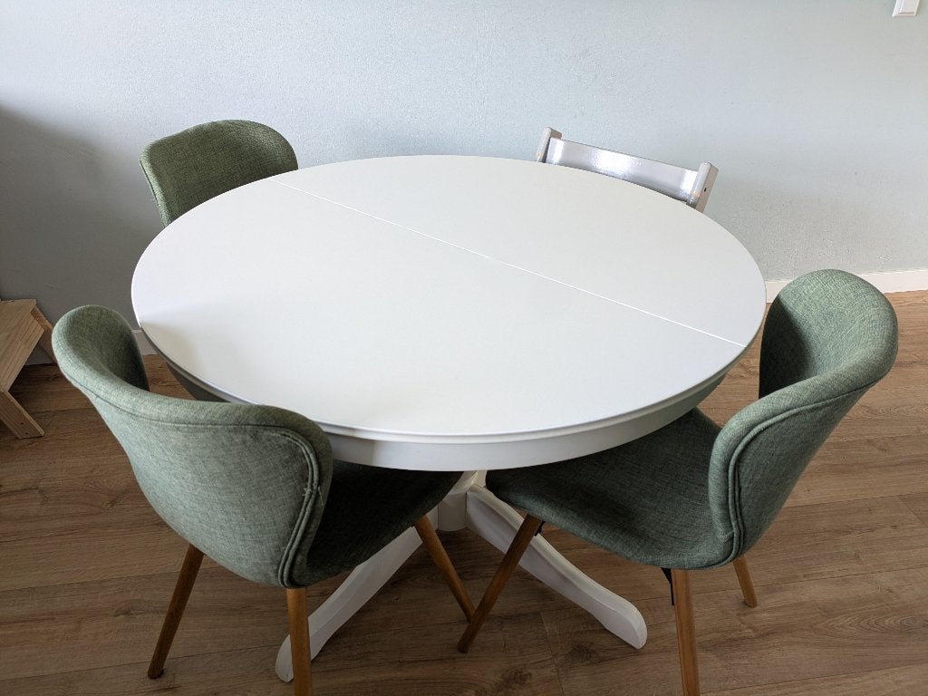 Uitschuifbare eettafel IKEA ROSENTORP wit, 110/155 cm, Huis en Inrichting, Ophalen, Gebruikt, 100 tot 150 cm, Rond
