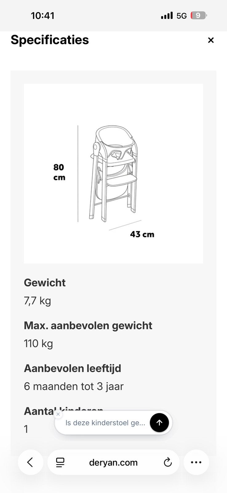Deryan luxe eetstoel zwart opklapbaar, Huis en Inrichting, Ophalen, Gebruikt