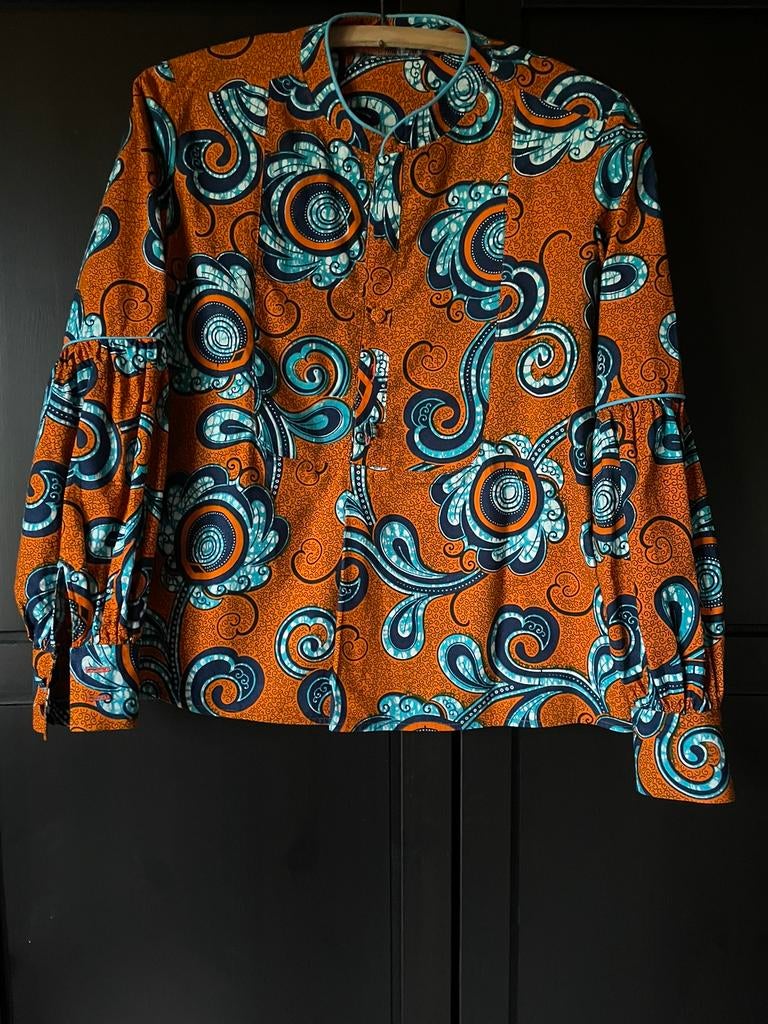 Oranje/ blauwe Vlisco wax blouse maat 40/42, Kleding | Dames, Ophalen of Verzenden, Zo goed als nieuw, Maat 38/40 (M), Oranje