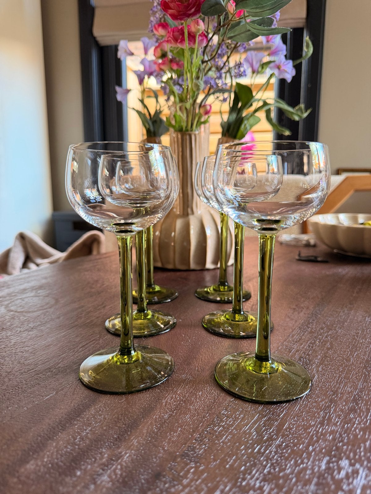 Set van 6 vintage Luminarc Elzas wijnglazen groene steel, Ophalen of Verzenden