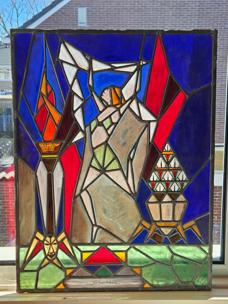 Amsterdamse school , Art deco glas in lood raam gesigneerd, Antiek en Kunst, Ophalen of Verzenden