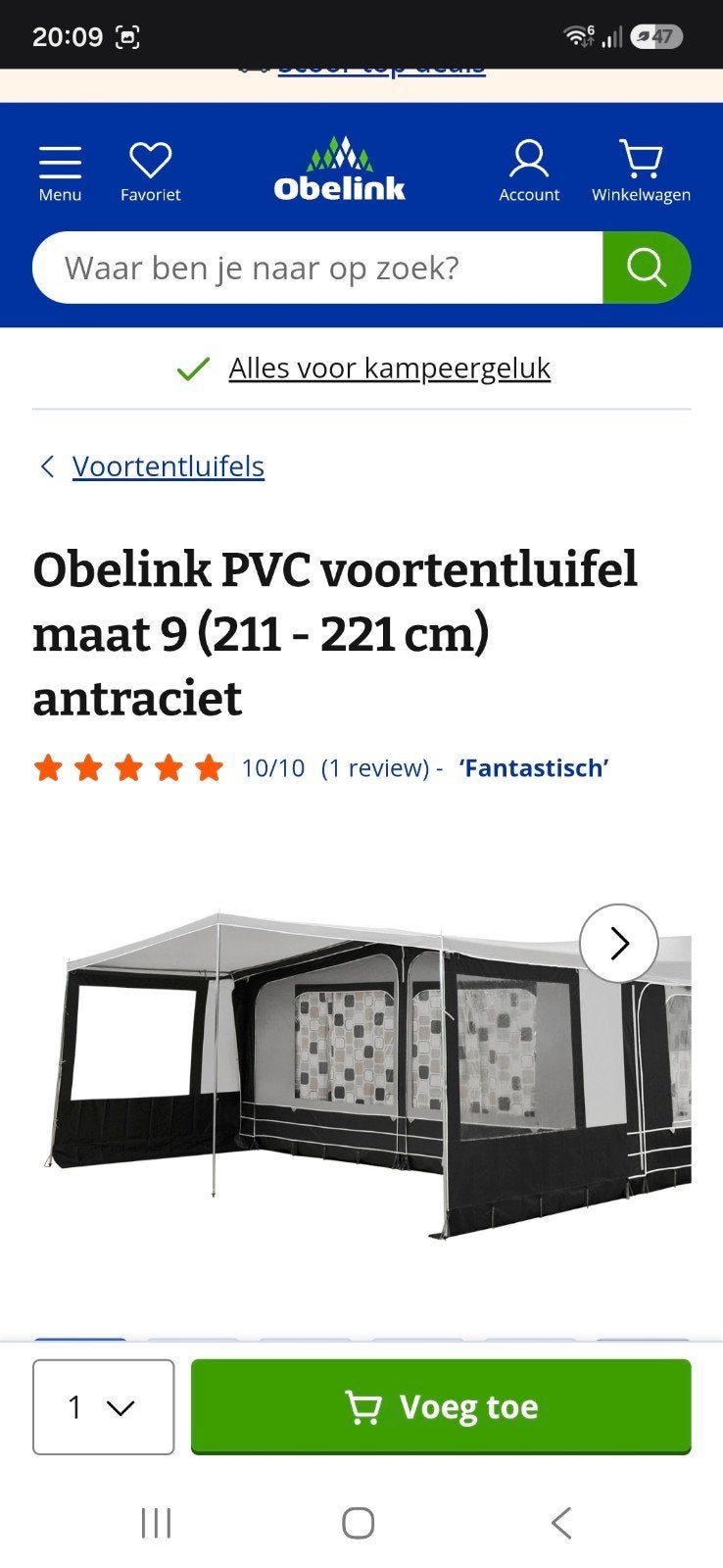 Obelink PVC Voortentluifel Maat 9 (211-221 cm) Antraciet, Ophalen of Verzenden, Gebruikt