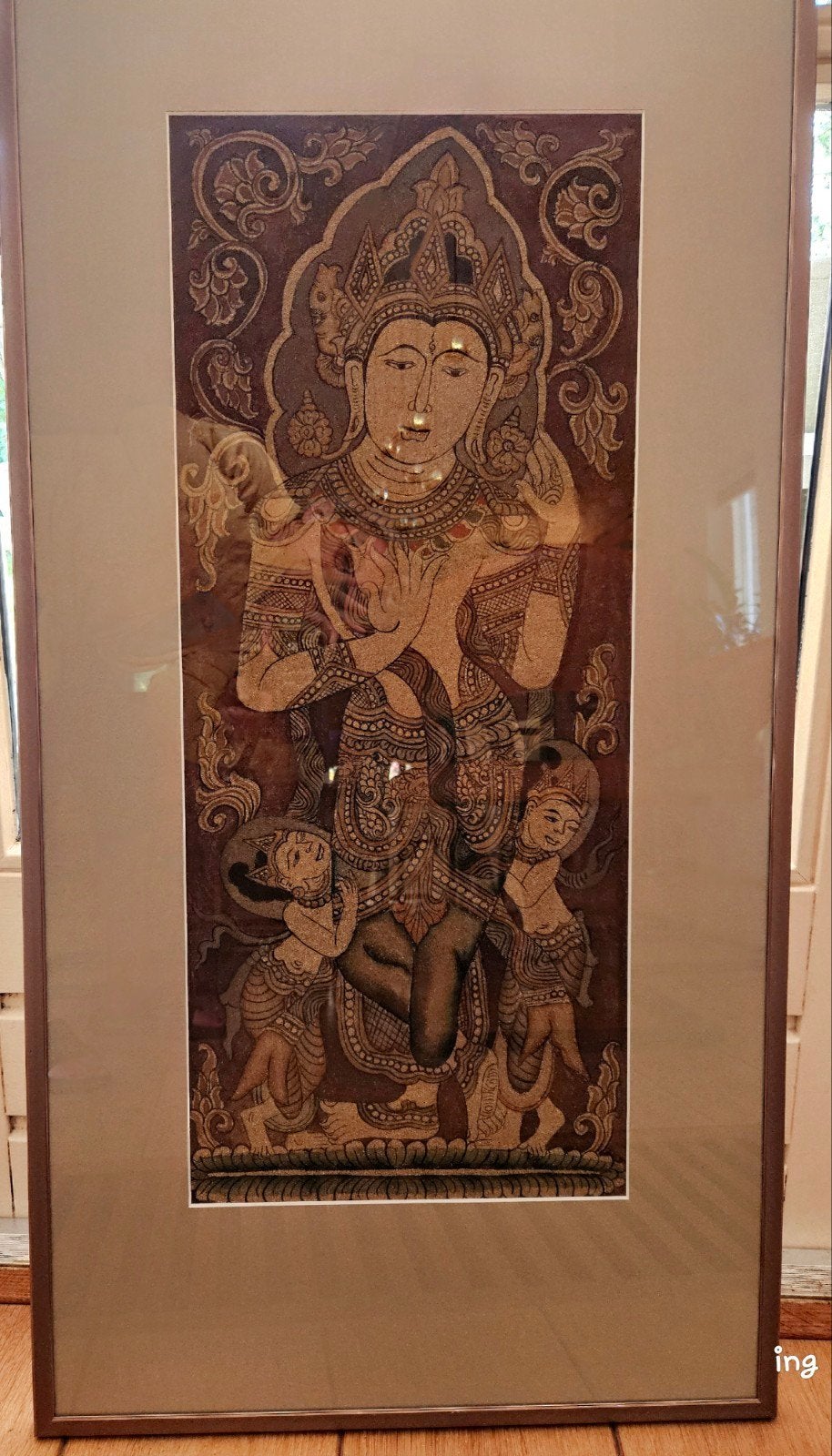 Aziatische tempelkunst uit Myanmar, Zandkunst, Ophalen, Schilderij, Natuurlijk materiaal, Ingelijst
