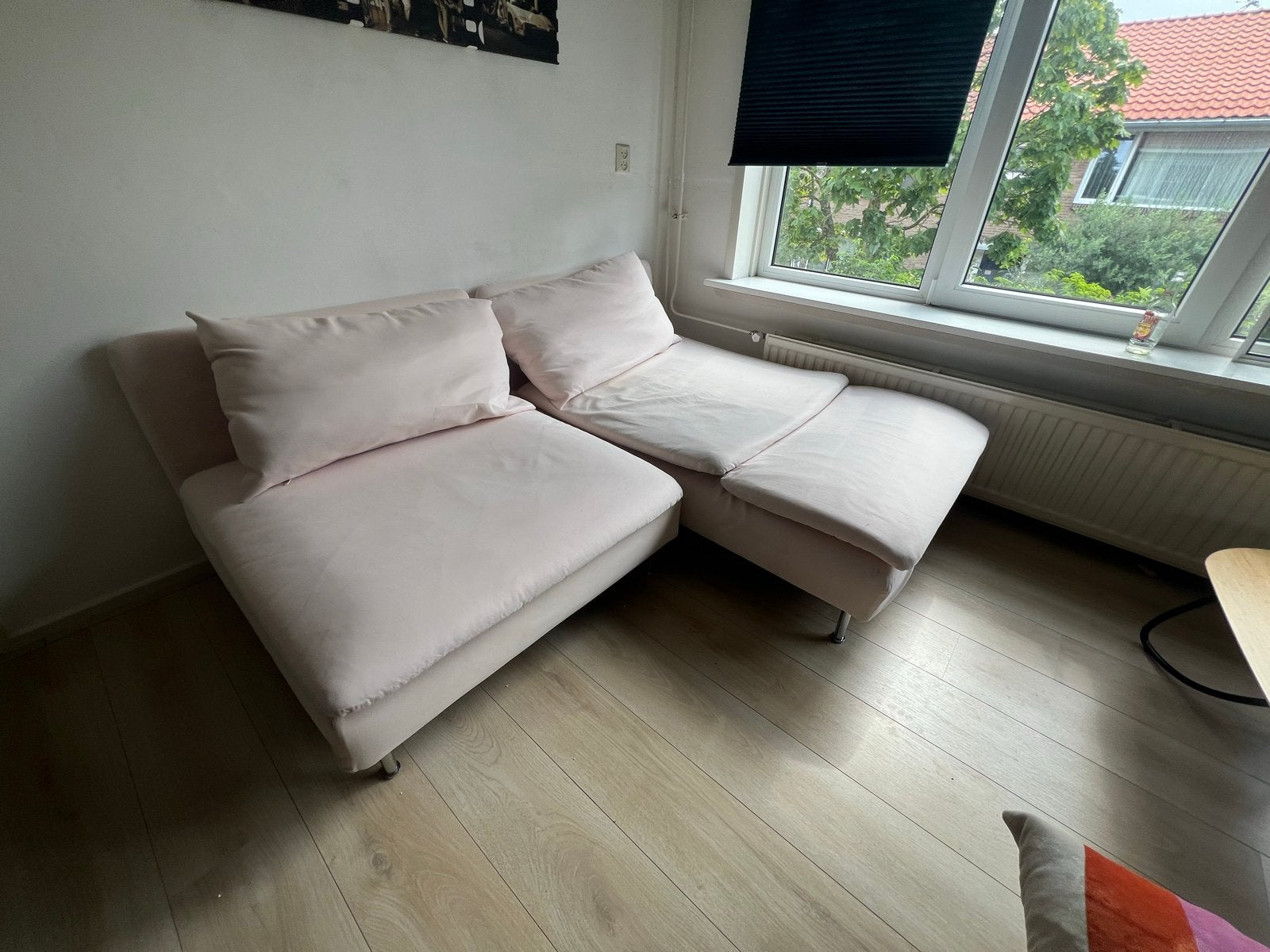 Roze tweepersoons slaapbank/loungebank, Ophalen, Gebruikt, 150 tot 200 cm, Tweepersoons