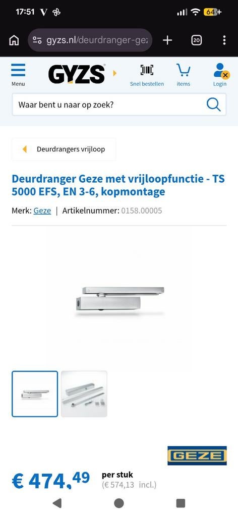 Geze TS 5000 EFS Vrijloop Deurdranger EN 3-6, Ophalen of Verzenden, Overige typen