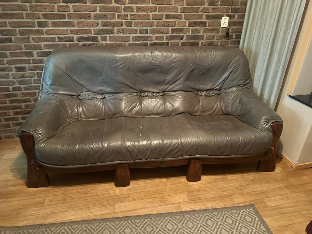 Leren bank en fauteuil set - Grijs/Bruin, Ophalen, Gebruikt, Driepersoons, Rechte bank