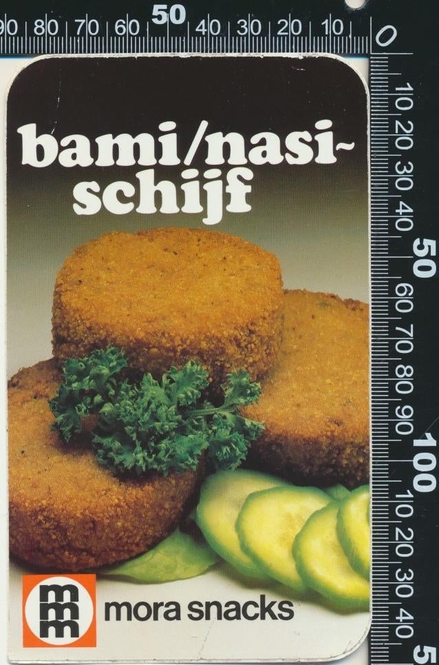 Sticker: Mora Snacks - Bami Nasi Schijf, Ophalen of Verzenden, Zo goed als nieuw, Bedrijf of Vereniging