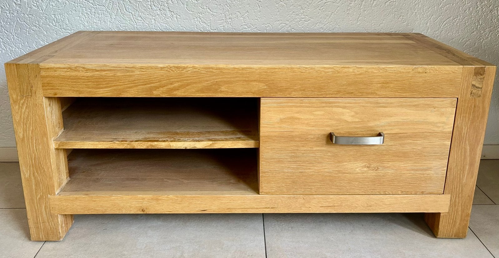 Tv meubel puur hout, minimalistisch en modern, 100 tot 150 cm, Eikenhout, Minimalistisch en modern, Ophalen of Verzenden