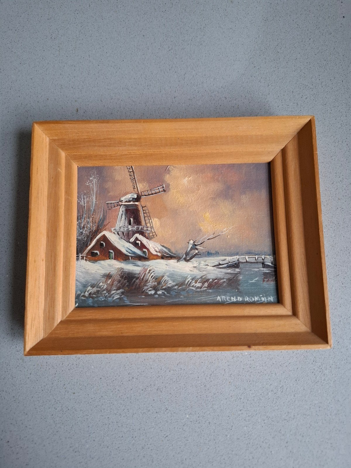 Schilderij Arend Romijn - Winterlandschap met molen, Paneel, Realistisch, Ophalen of Verzenden, Landschap