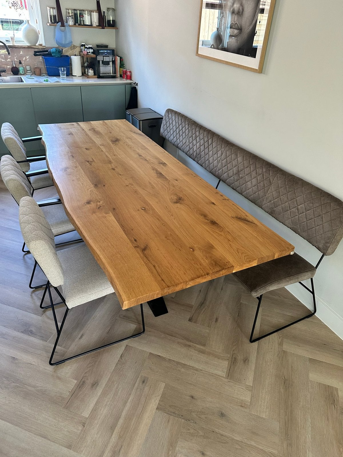 Eikenhouten boomstamtafel met stoelen en bank 240x90 cm, Ophalen, Eikenhout, 200 cm of meer, 50 tot 100 cm