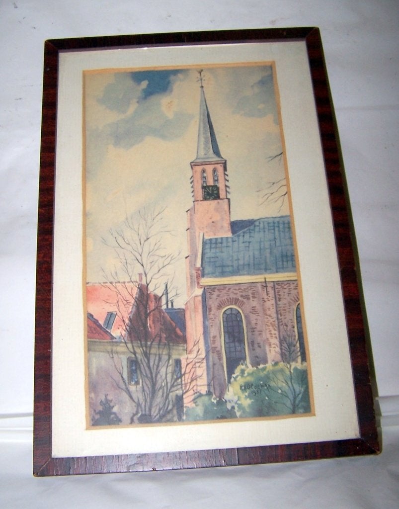 Mooie ingekleurde litho kerk. 1957. 31x20cm. Achter glas., Ophalen of Verzenden, Landschappen, Ingelijst, Lithografie