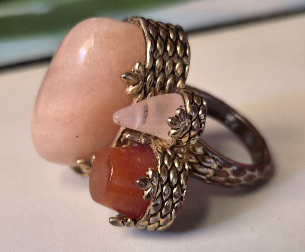 Antiek verzilverd bronzen ring met Amber / Moon stones, Ophalen of Verzenden
