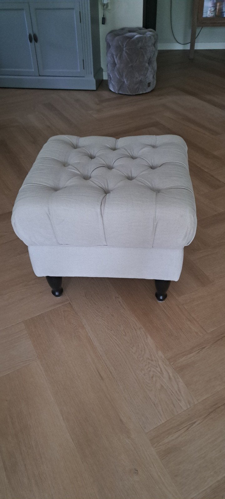 Zachtgrioene poef, Ophalen, Minder dan 50 cm, Rond, Minder dan 50 cm
