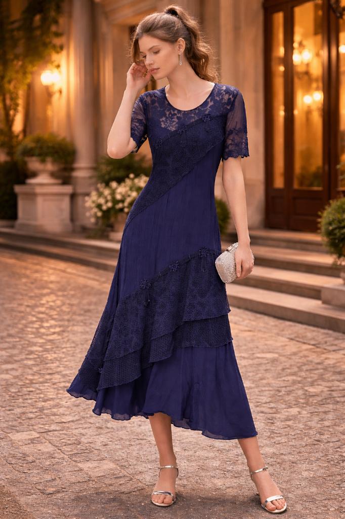 Prachtige Donkerblauwe 'Josephine' lagenlook jurk maat S-, Blauw, Ophalen of Verzenden, Zo goed als nieuw, Maat 36 (S)