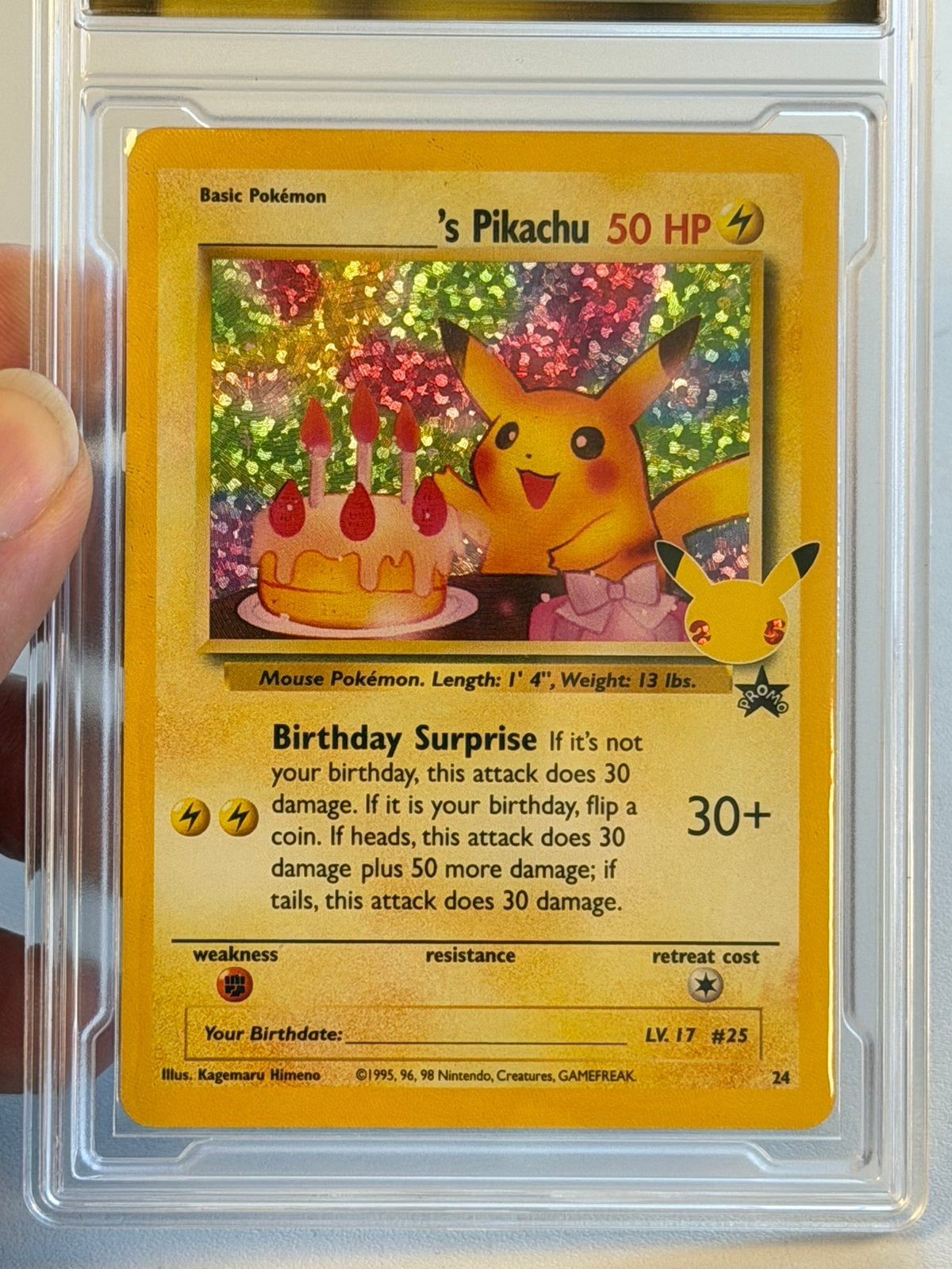 Birthday Pikachu Holo 2021 Celebrations #24 Grade 9 slab, Ophalen of Verzenden, Zo goed als nieuw, Losse kaart, Foil