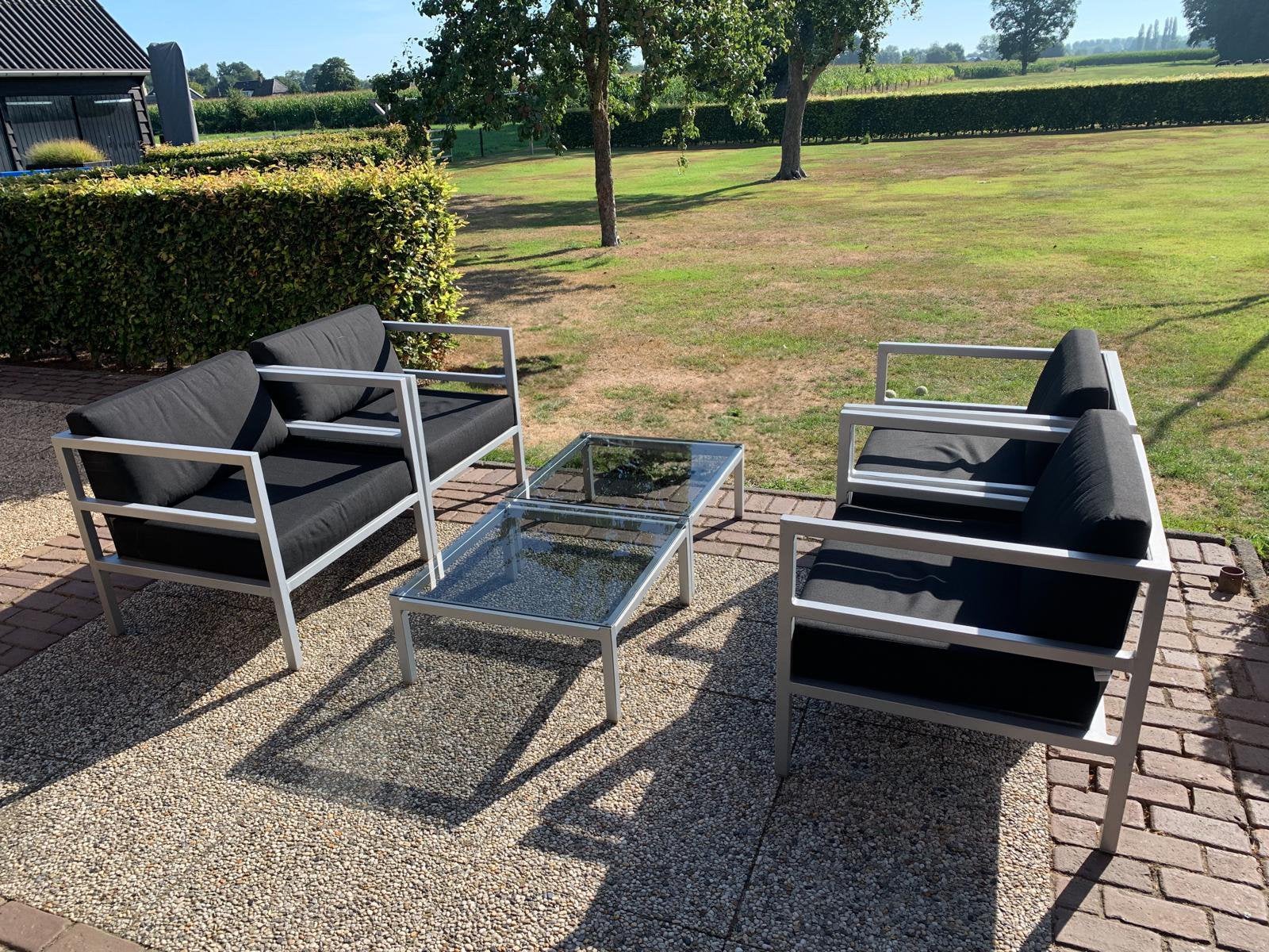 Bellagio aluminium loungeset – 4 fauteuils + 2 salontafels, 4 zitplaatsen, Bijzettafel, Aluminium, Ophalen of Verzenden