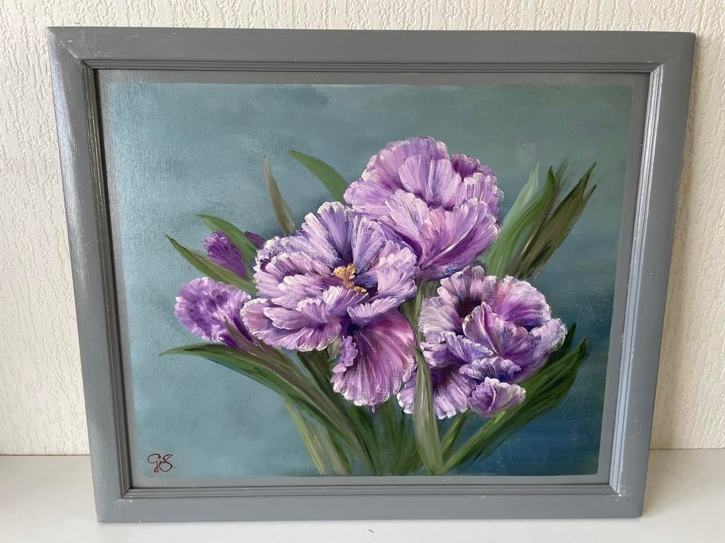 Schilderij De Paarse Parkiet(tulpen) Gerda Slingerland, Ophalen