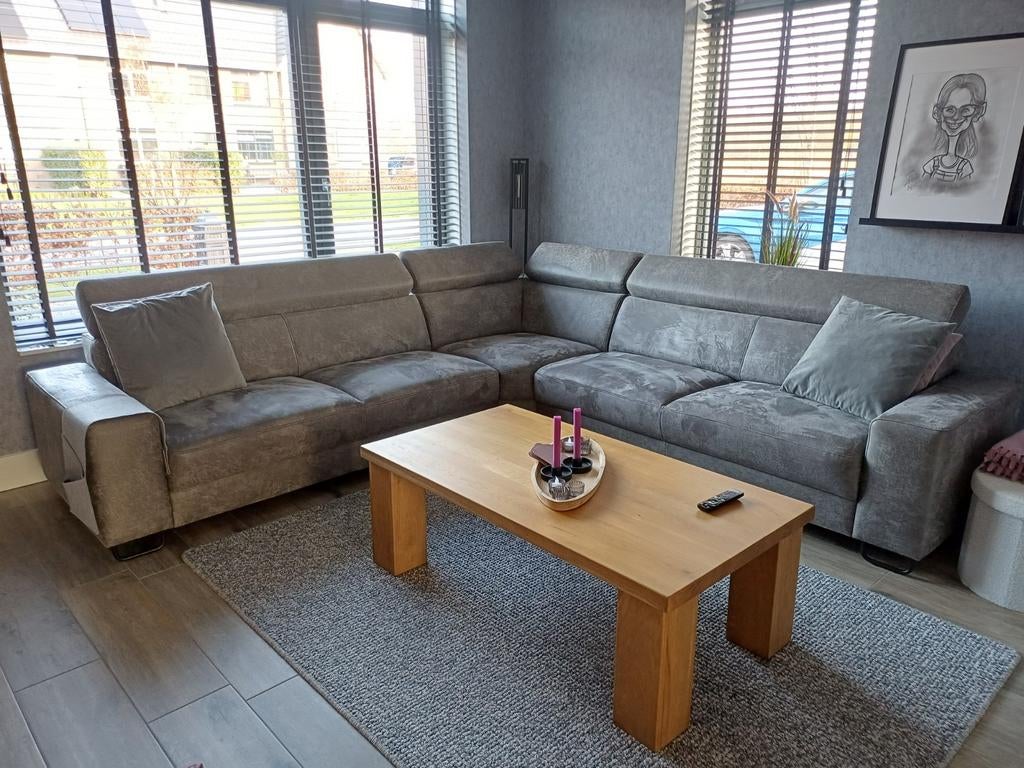 Grijze microleder hoekbank, Huis en Inrichting, Ophalen, Zo goed als nieuw, Stof
