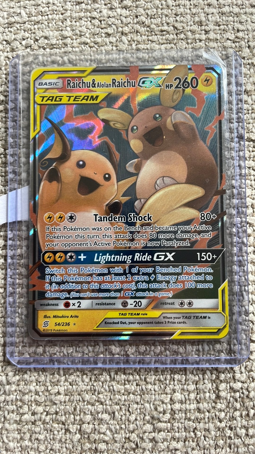 Raichu & Alolan Raichu GX TAG TEAM Pokémon Kaart, Verzenden, Zo goed als nieuw, Losse kaart, Foil