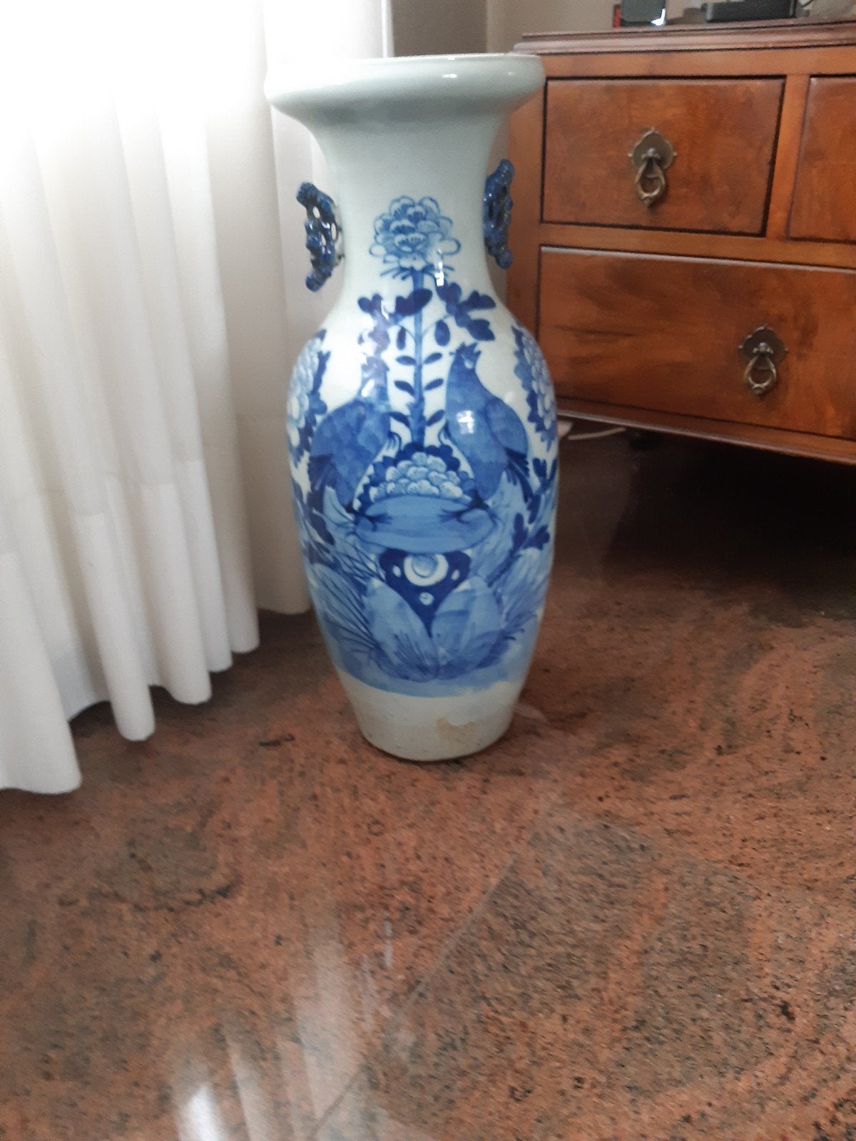 Grote Chinese Blauw-Witte Porseleinen Vaas met Vogels, Ophalen of Verzenden