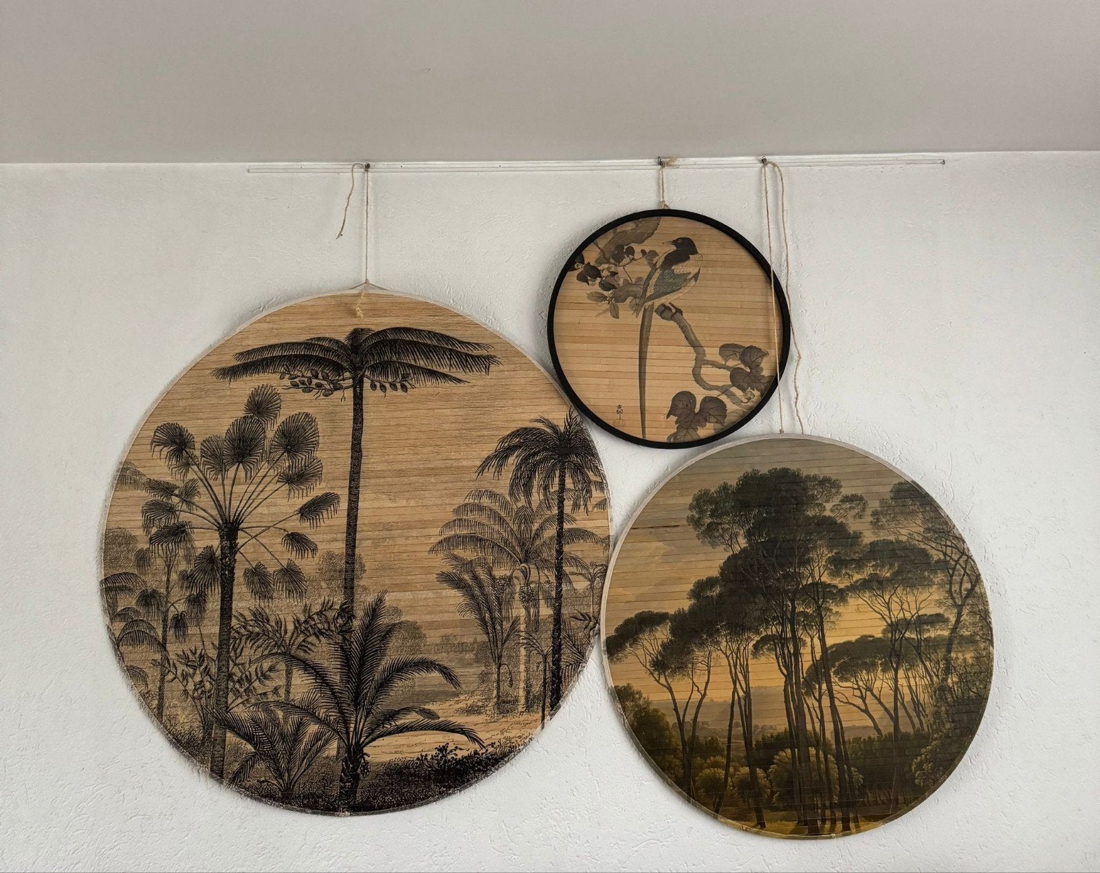 Set van 3 Wandcirkels met Botanische en Landschap Prints, Ophalen, Meerkleurig, Zo goed als nieuw, Natuurlijk materiaal