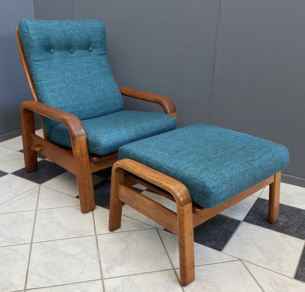 60 Jaren Deense teak fauteuil groen met hocker van HS Design, Huis en Inrichting, Fauteuils, Ophalen, Vintage design, 75 tot 100 cm