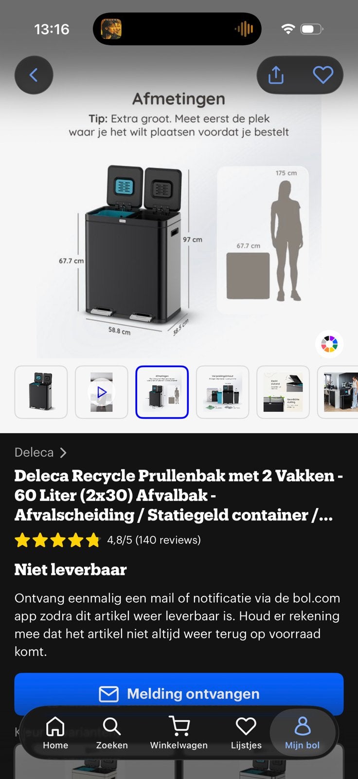 Grote prullenbak 2 keer 30 liter, Ophalen, Zo goed als nieuw, Rvs, 50 tot 75 cm