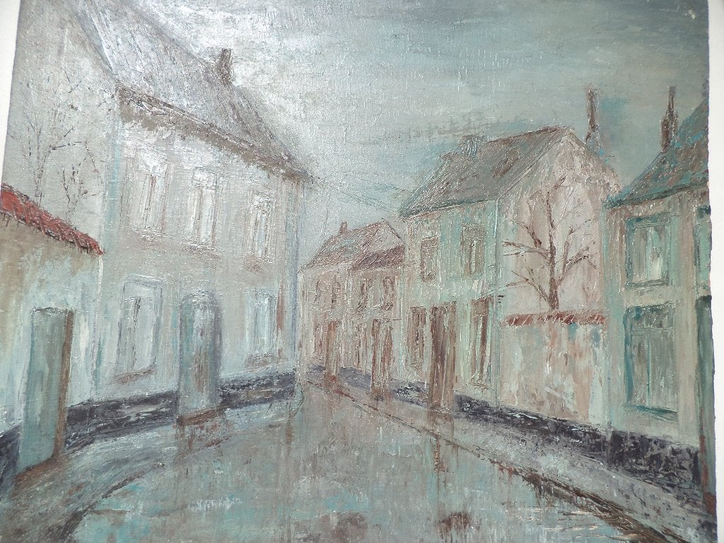 Mid-Century olieverf op paneel, huizen in de stad, impasto, Antiek en Kunst, Kunst | Schilderijen | Klassiek, Ophalen of Verzenden