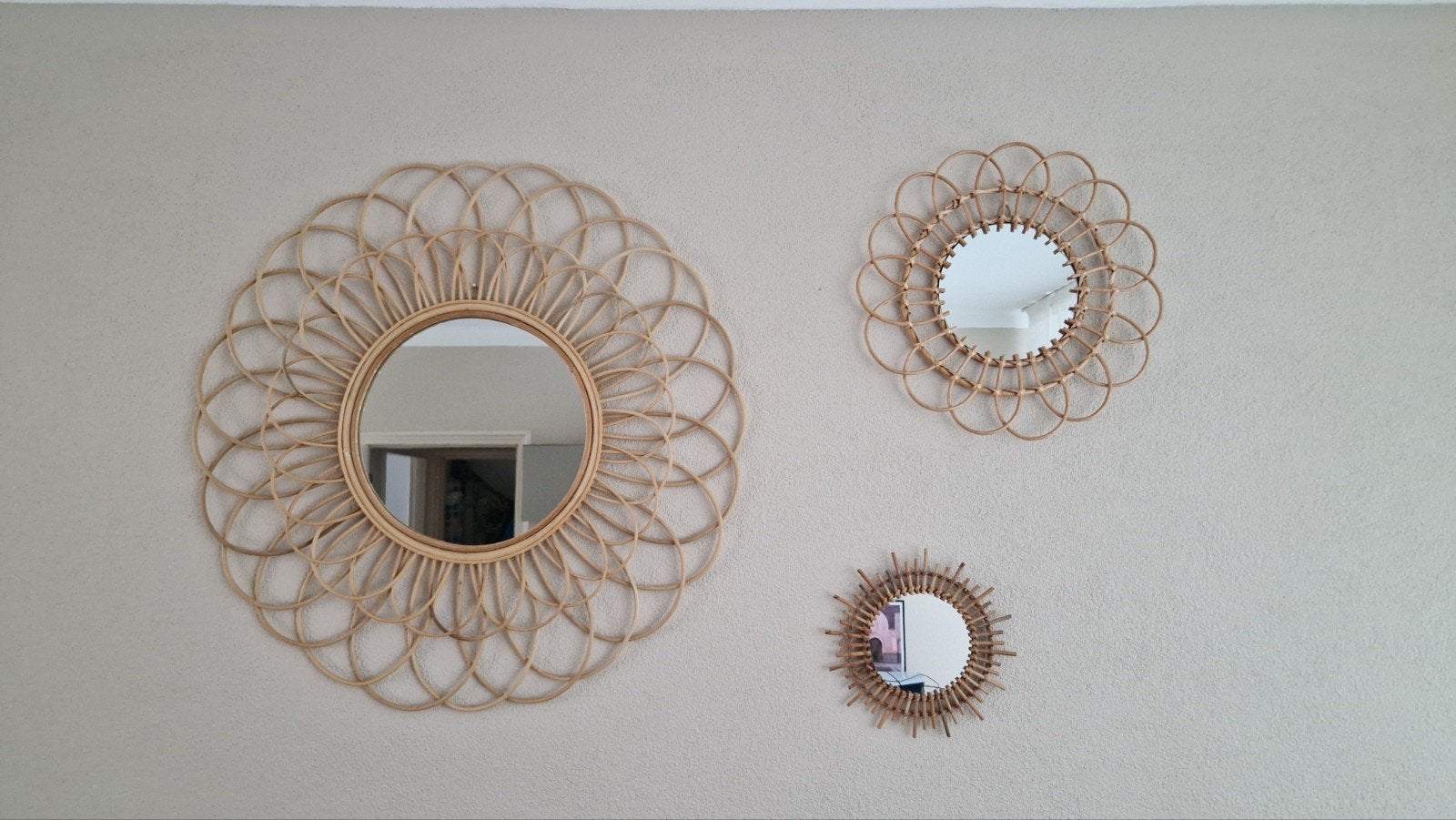 Set van 3 rotan spiegels - Boheemse wanddecoratie, Ophalen, Boho, Decoratieobject, Zo goed als nieuw