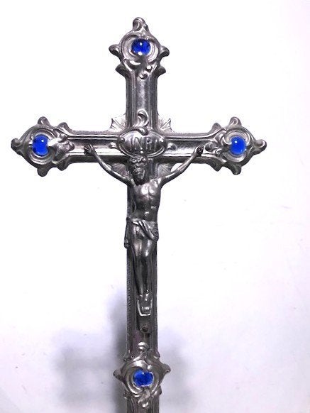 Kruis Crucifix zilver blauwe sierstenen H 40😍💑🙏💎🤗, Ophalen of Verzenden