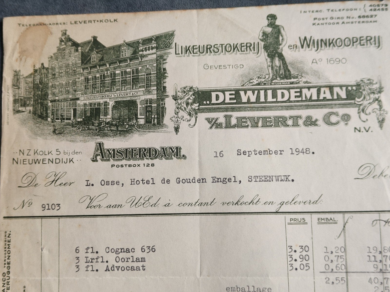 1948, NOTA " DE WILDEMAN", LIKEURSTOKERIJ, AMSTERDAM, Ophalen of Verzenden, Gebruikt, Overige typen
