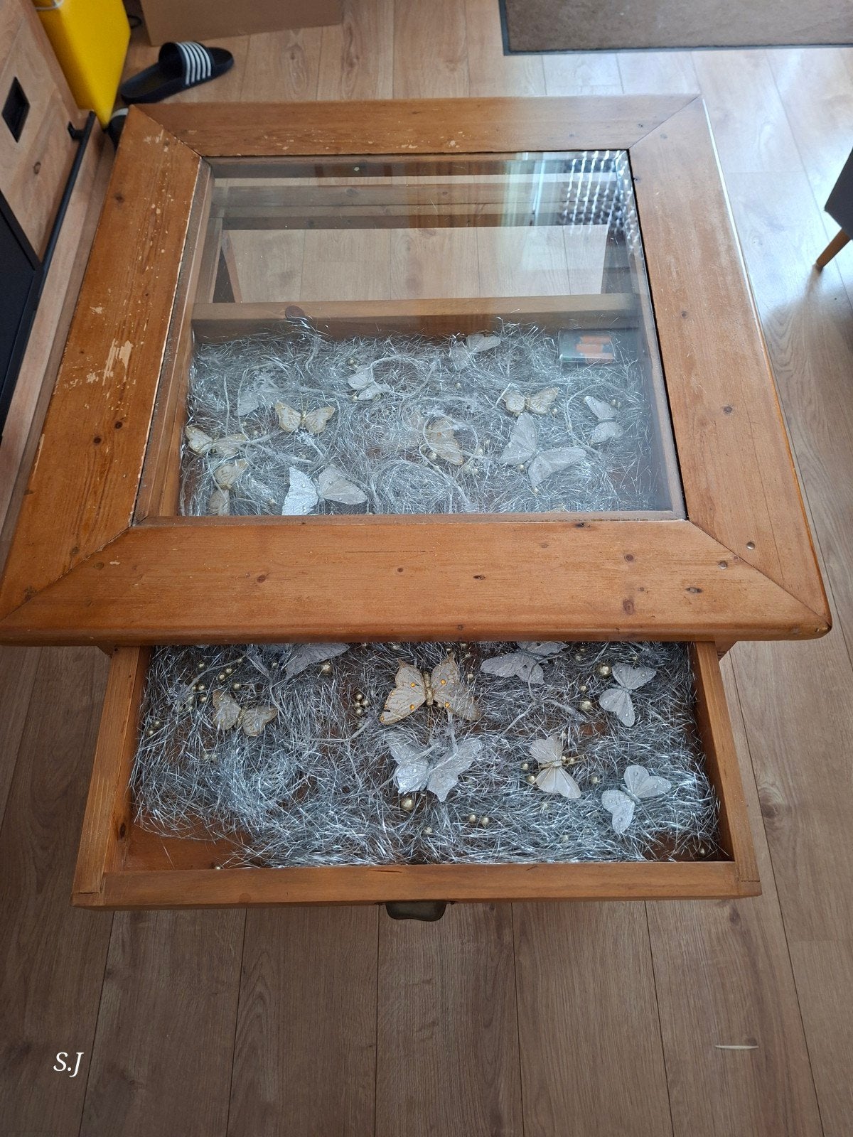 Teakhouten salontafel 90x90 met grote lade en glasplaat, Ophalen, 50 tot 100 cm, Glas, Vierkant