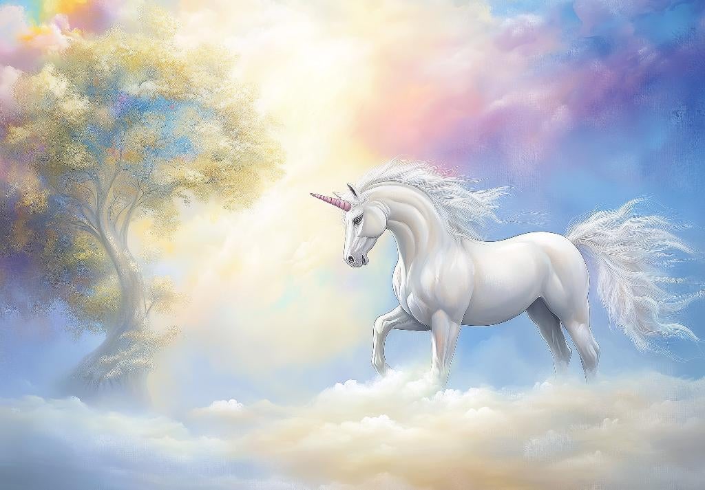 Witte Eenhoorn fotobehang In de wolken - Unicorn vliesbehang, Verzenden, Nieuw