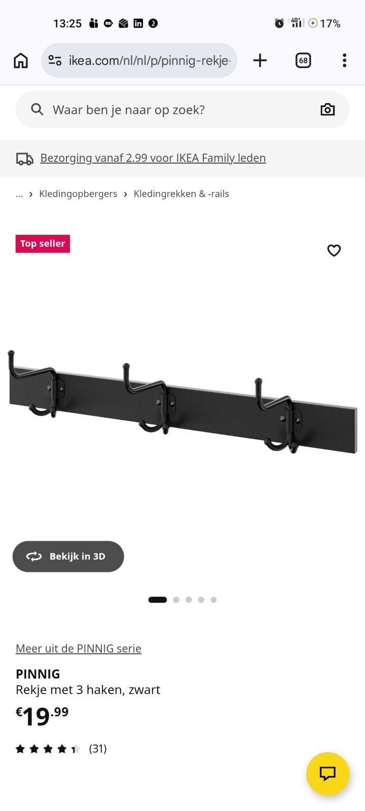 IKEA PINNIG Rekje met 3 haken, zwart, Wandkapstok, Nieuw, Ophalen of Verzenden, Minder dan 100 cm