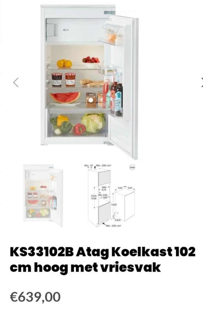 ATAG KS33102B koelkast met vriesvak, 200 liter of meer, Ophalen, Nieuw, Met vriesvak