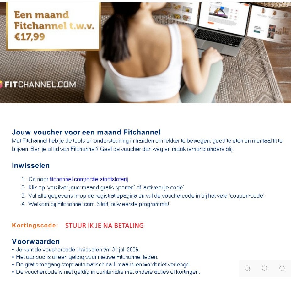 voucher voor een maand Fitchannel twv 17,99, Eén persoon, Kortingsbon, Overige typen