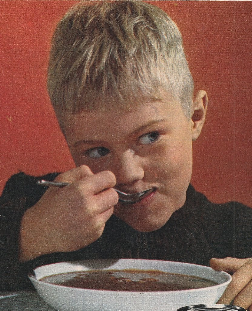 retro reclame 1964 Unox soep jongetje lekkere bruine bonen, Verzamelen, Verzenden, Overige typen