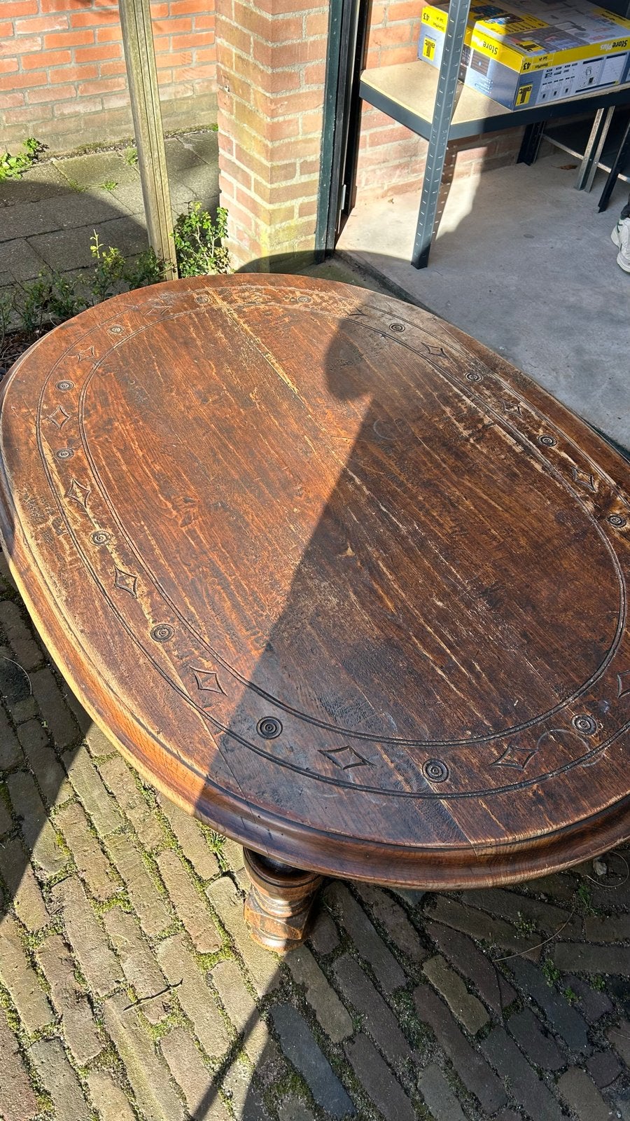 Ovale houten salontafel, Ophalen, Gebruikt, 100 tot 150 cm, 200 cm of meer