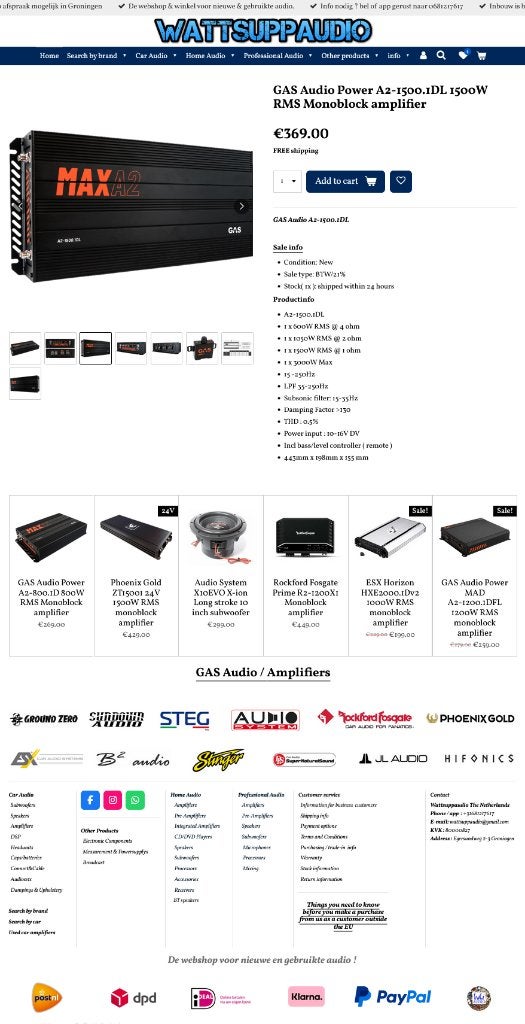 GAS Audio Power A2-1500.1DL 1500W RMS monoblok versterker, Info@optimount.nl, Nieuw, Ophalen of Verzenden, Anholtseweg 48A 7091 HB DINXPERLO