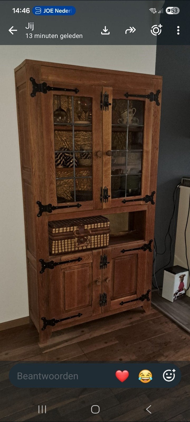 Massief eikenhouten buffetkast met glas en smeedijzer, Ophalen
