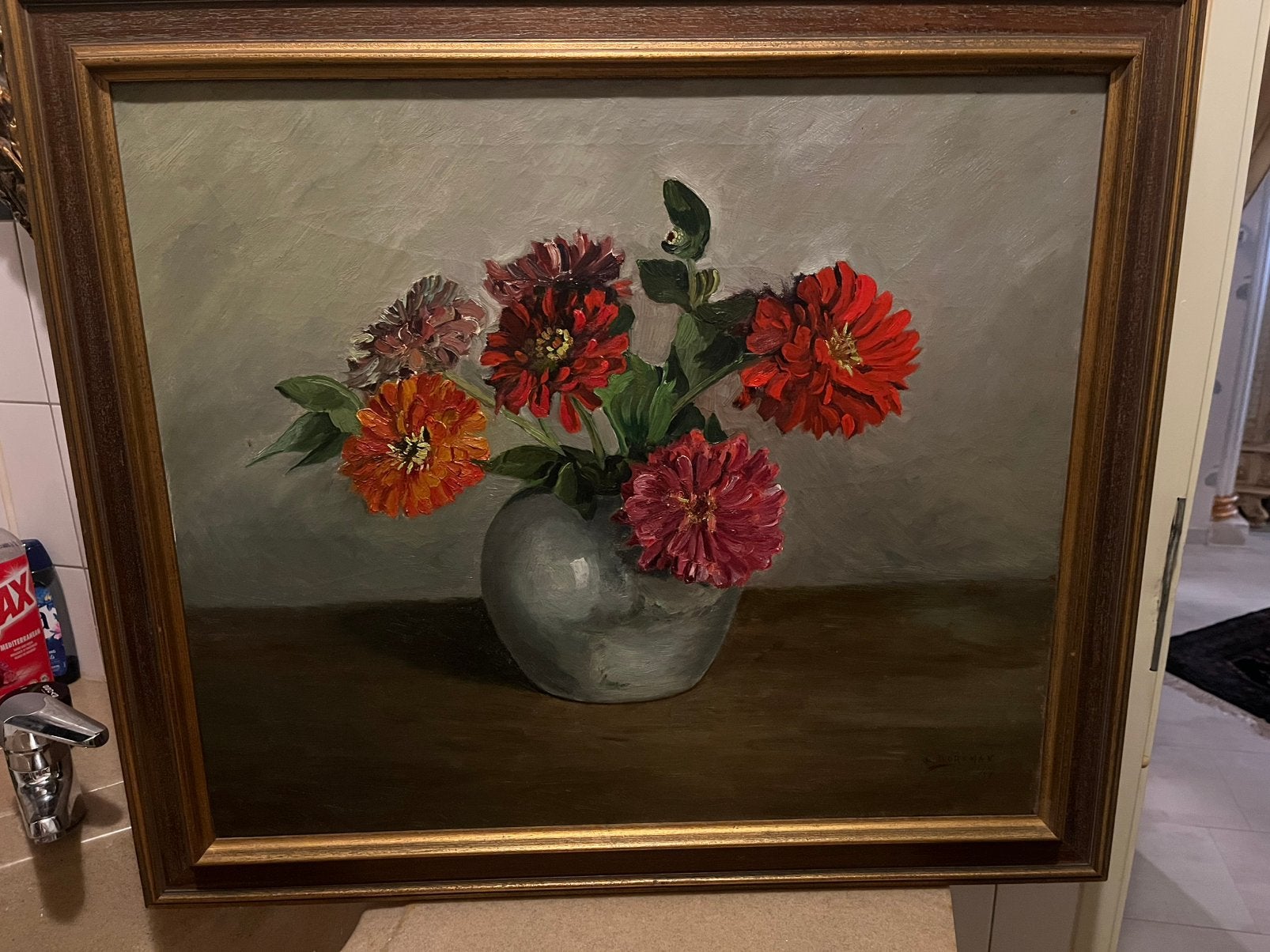 Antiek groot olieverf bloemen stilleven schilderij, Ophalen