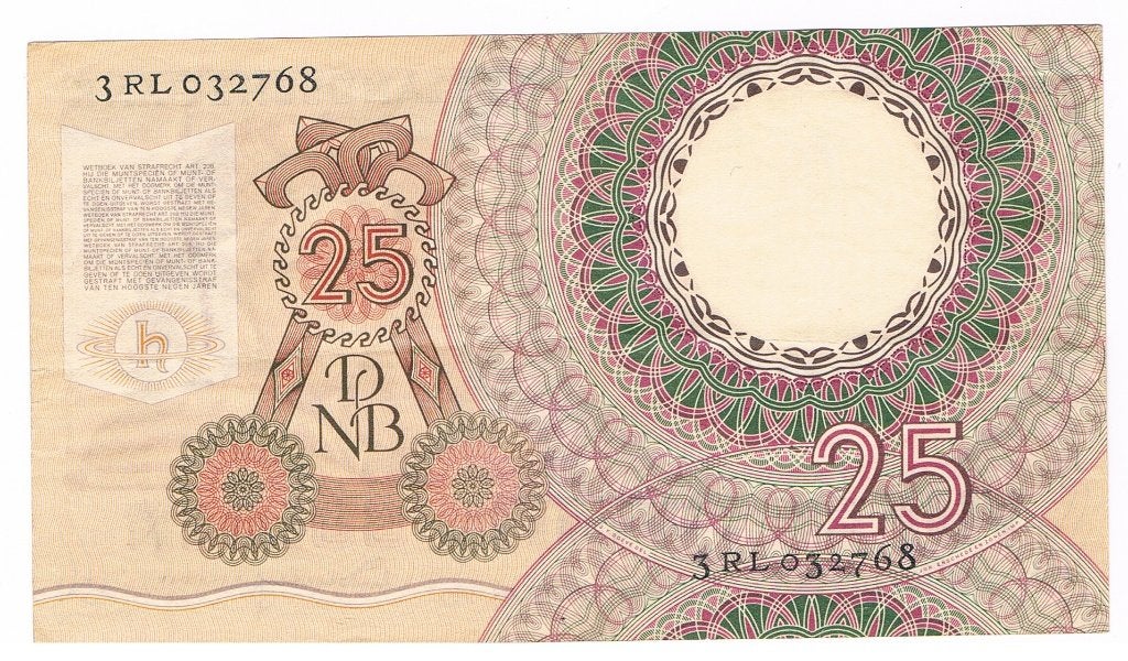 25 gulden 10 april 1955 Huygens, Verzenden, 25 gulden, Los biljet