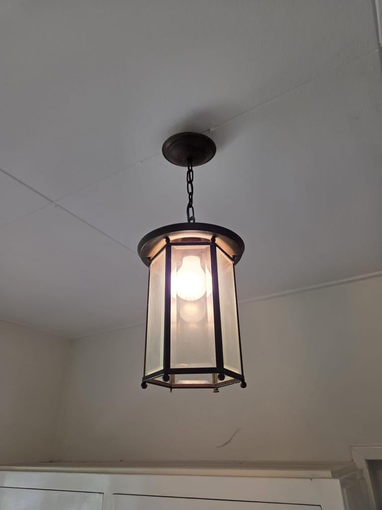 Art deco hanglamp messing geslepen glas, Antiek en Kunst, Antiek | Lampen, Ophalen of Verzenden