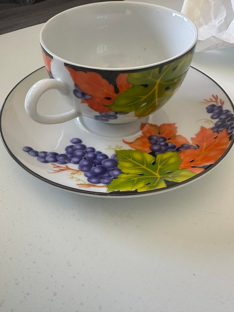 Kop en schotel met druivenmotief - Kopin Fine China Ware, Huis en Inrichting, Keuken | Servies, Gebruikt, Verzenden, Overige stijlen